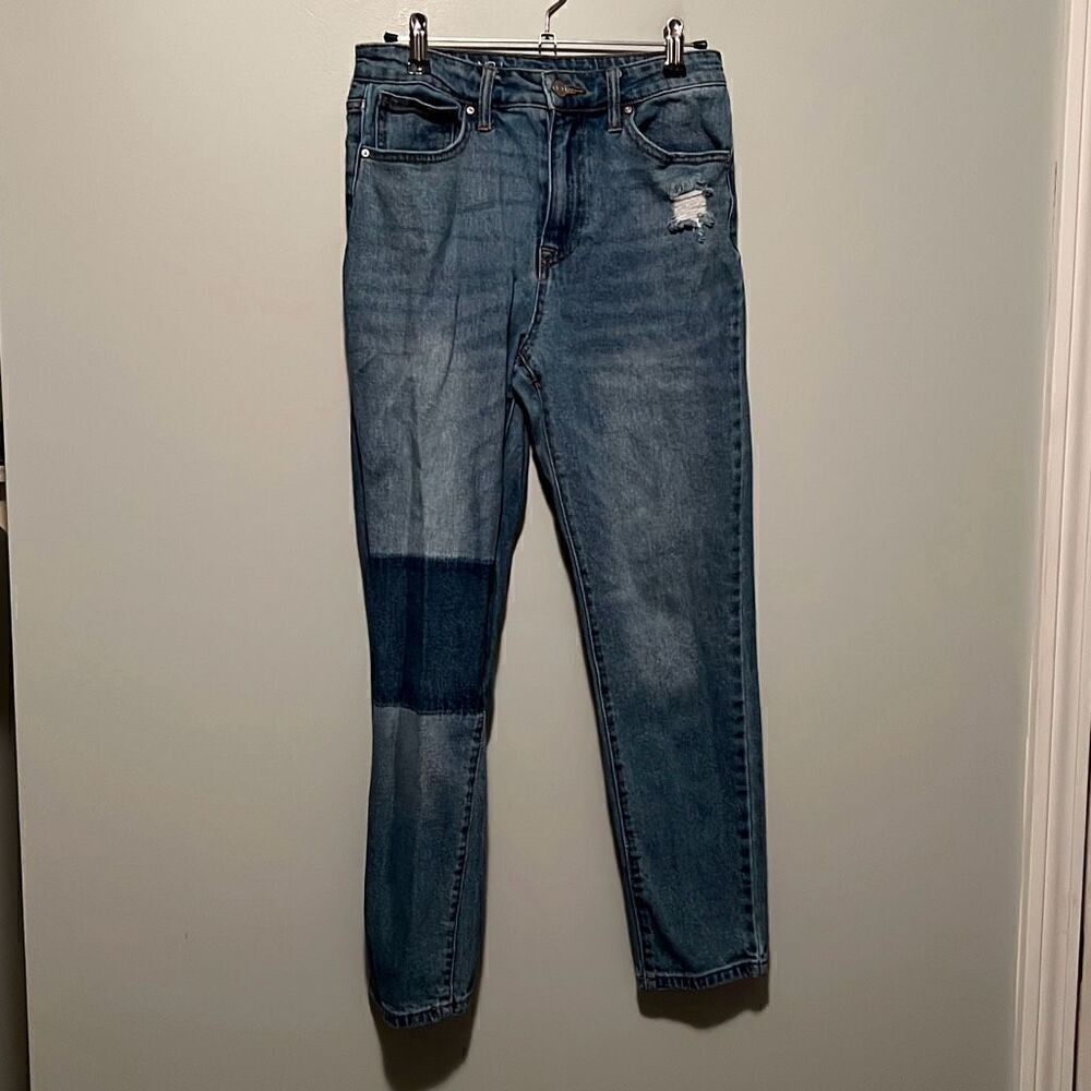 No Boundaries Women's Blue Denim Distressed Colorblock Skinny Leg Jeans